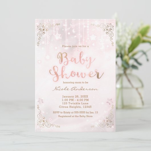 Roze Glow & Gold Celestial Sparkle Baby shower Kaart (Staand voorkant)
