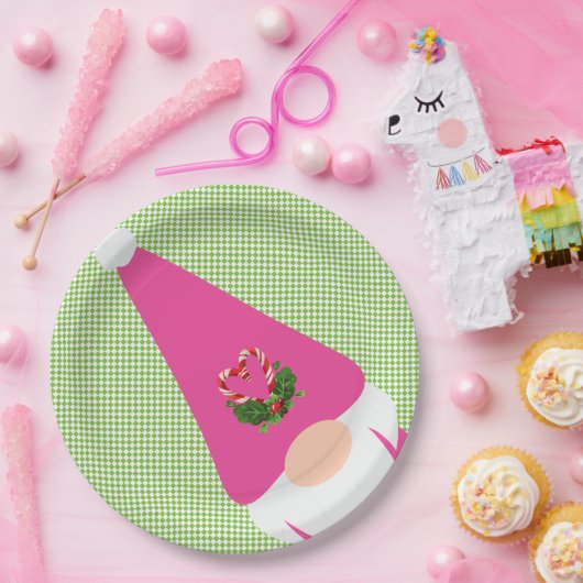 roze gnome kerst - groene schaakster leuk feestje papieren bordje (Feest)