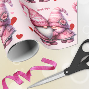 Roze Gnome Valentijn Paar Cadeaupapier