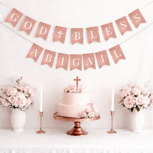 Roze God Bless Meisje 7 Letters Doop Roze Goud Vlaggetjes