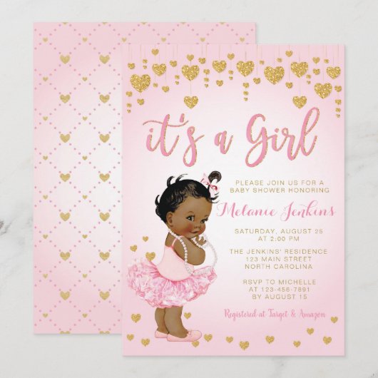 Roze Gold African American Baby shower Invitation Kaart (Voorkant / Achterkant)