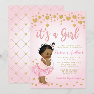 Roze Gold African American Baby shower Invitation Kaart