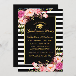 Roze Gold Afstuderen Striped Invite - Foto terug Kaart