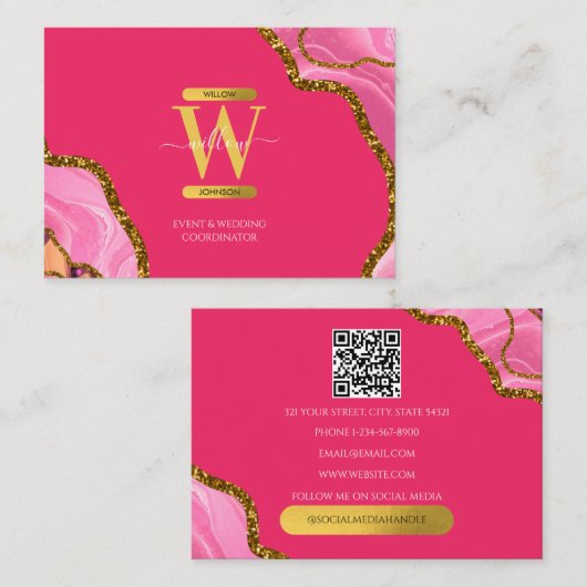 Roze Gold Agate Geode Glitter Monogram QR Code Visitekaartje (Voorkant / Achterkant)