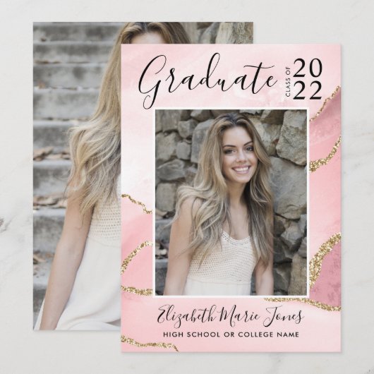 Roze Gold Agate Glitter Afstuderen Foto Afstuderen Aankondiging (Voorkant / Achterkant)