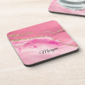 Roze & Gold Agate & Gold Stars, DIY Name Black Bier Onderzetter (Linkerzijde)