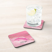 Roze & Gold Agate & Gold Stars, DIY Name Black Bier Onderzetter (Rechterzijde)