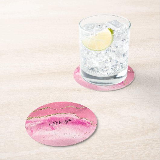 Roze & Gold Agate & Gold Stars, DIY Name Black Ronde Kartonnen Onderzetter (Insitu)