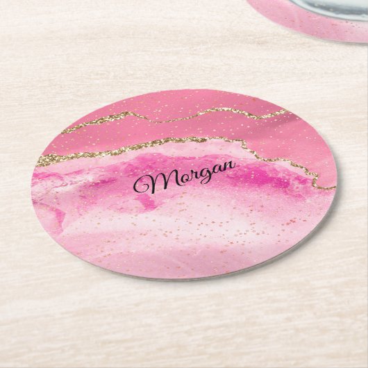 Roze & Gold Agate & Gold Stars, DIY Name Black Ronde Kartonnen Onderzetter (Gebogen)