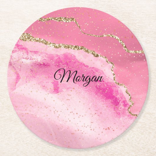 Roze & Gold Agate & Gold Stars, DIY Name Black Ronde Kartonnen Onderzetter (Voorkant)