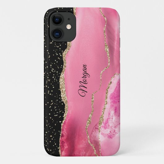 Roze & Gold Agate, Gold Stars & DIY Script Name Case-Mate iPhone Case (Achterkant)