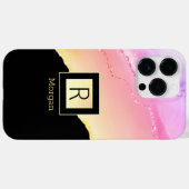 Roze & Gold Agate Name & Monogram Black & Gold Box Case-Mate iPhone Case (Achterkant (horizontaal))