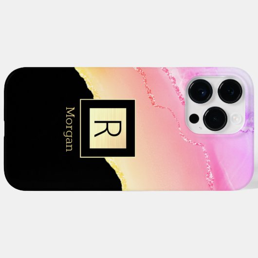 Roze & Gold Agate Name & Monogram Black & Gold Box Case-Mate iPhone Case (Achterkant (horizontaal))