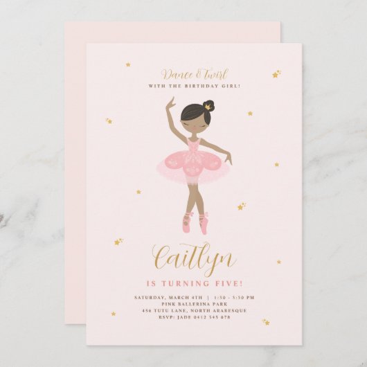Roze & Gold Ballerina Birthday Uitnodiging (Voorkant / Achterkant)