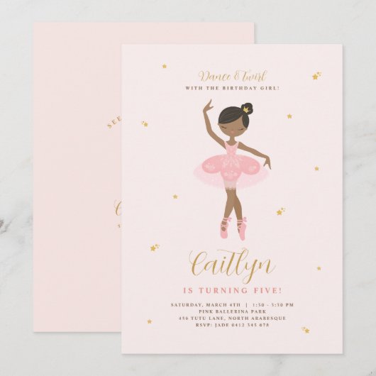 Roze & Gold Ballerina Birthday Uitnodiging (Voorkant / Achterkant)