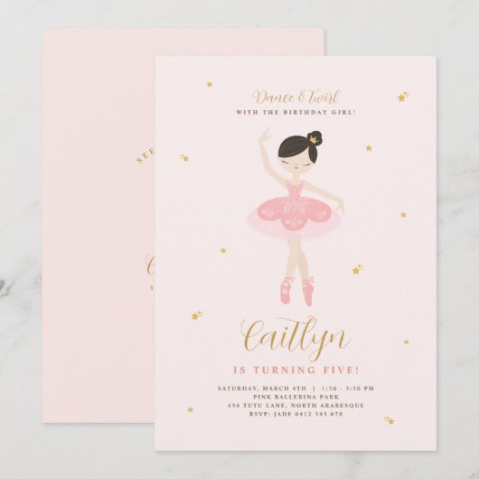 Roze & Gold Ballerina Birthday Uitnodiging (Voorkant / Achterkant)
