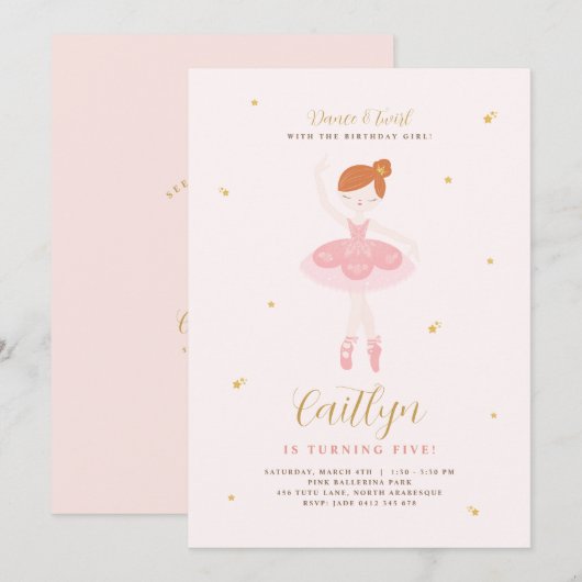 Roze & Gold Ballerina Birthday Uitnodiging (Voorkant / Achterkant)