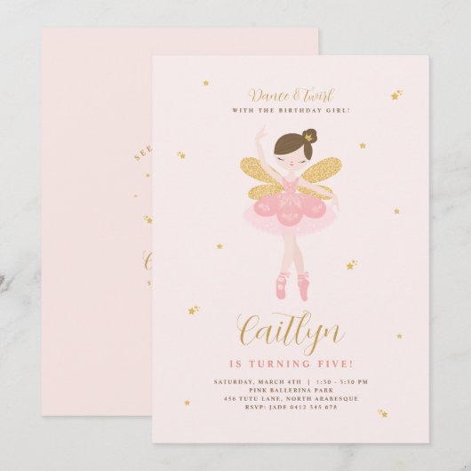 Roze & Gold Ballerina Fairy Birthday Uitnodiging (Voorkant / Achterkant)