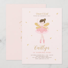 Roze & Gold Ballerina Fairy Birthday Uitnodiging
