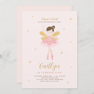 Roze & Gold Ballerina Fairy Birthday Uitnodiging