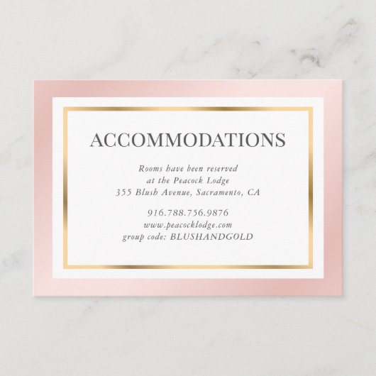 Roze Gold Blush legant Wedding Accommodatie Informatiekaartje (Voorkant)