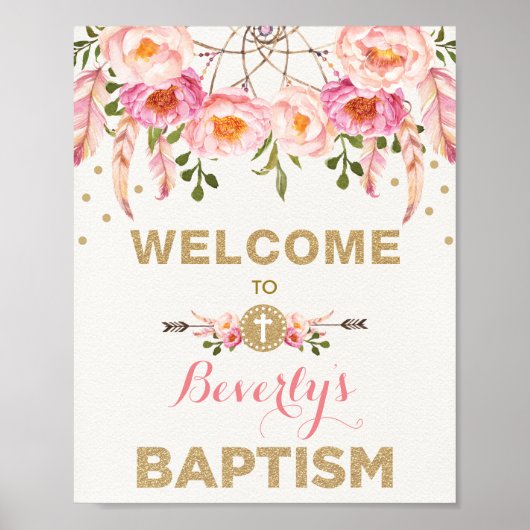 Roze Gold Boho Dreamweaver Floral Baptism Welkom Poster (Voorkant)