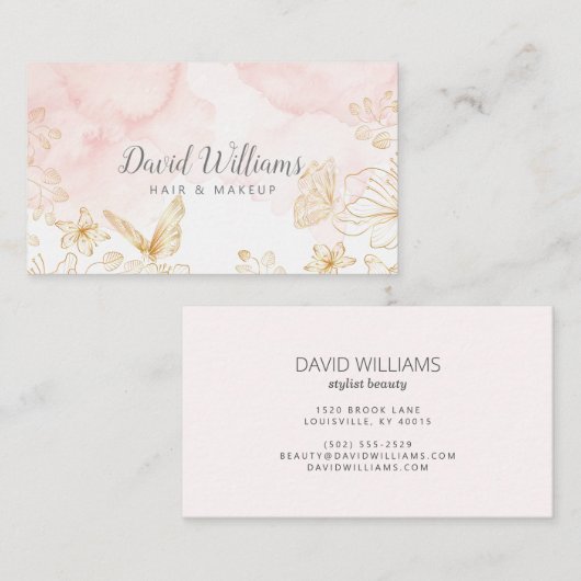 Roze Gold Botanische Kunst Vloeibare Waterverf Visitekaartje (Voorkant / Achterkant)
