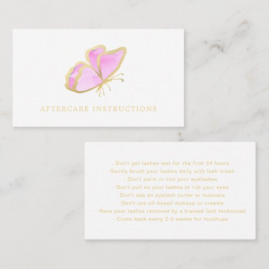 Roze Gold Butterfly Lash Nazorginstructies Visitekaartje (Voorkant / Achterkant)