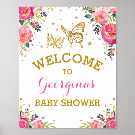 Roze Gold Butterfly Waterverf Flower Welcome Poster (Voorkant)