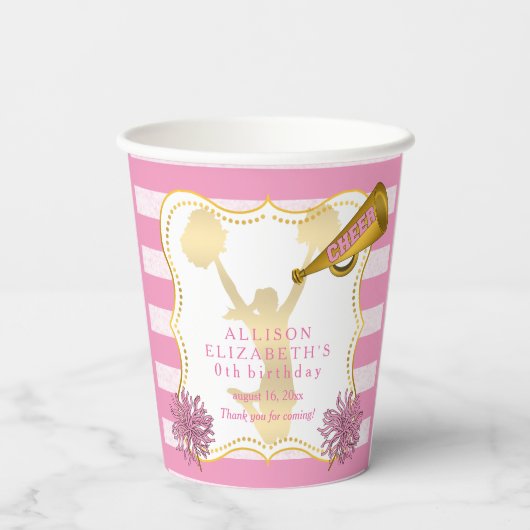 Roze | Gold Cheer Cheerleader Girl Birthday Party Papieren Bekers (Achterkant)
