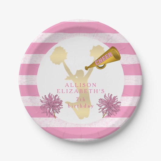 Roze | Gold Cheer Cheerleader Girl Birthday Party Papieren Bordje (Voorkant)