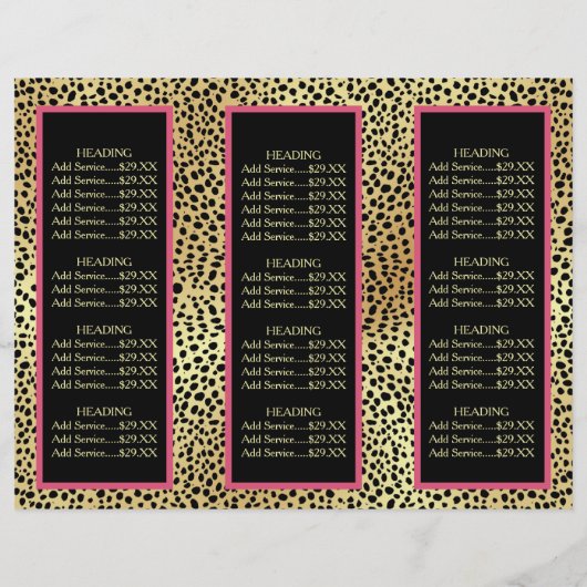 Roze Gold Cheetah drievoudig productprijsbrochure (Achterkant)