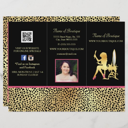 Roze Gold Cheetah drievoudig productprijsbrochure (Voorkant / Achterkant)