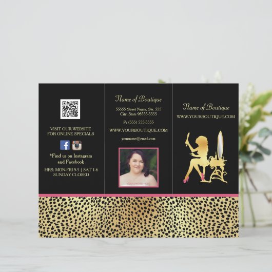 Roze Gold Cheetah drievoudig productprijsbrochure (Staand voorkant)