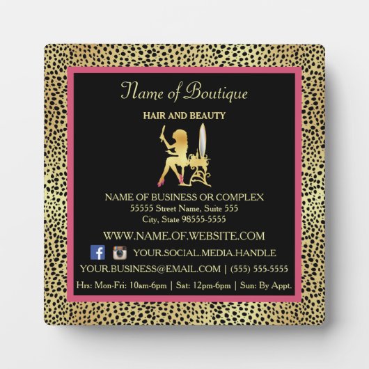Roze Gold Cheetah Print Boutique Information Sign Fotoplaat (Voorkant)