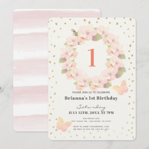 Roze & Gold Cherry Blossom Girl 1ste verjaardag Kaart