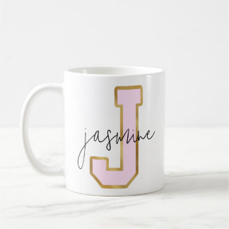 Roze Gold College Varsity Letter Monogram J Koffiemok