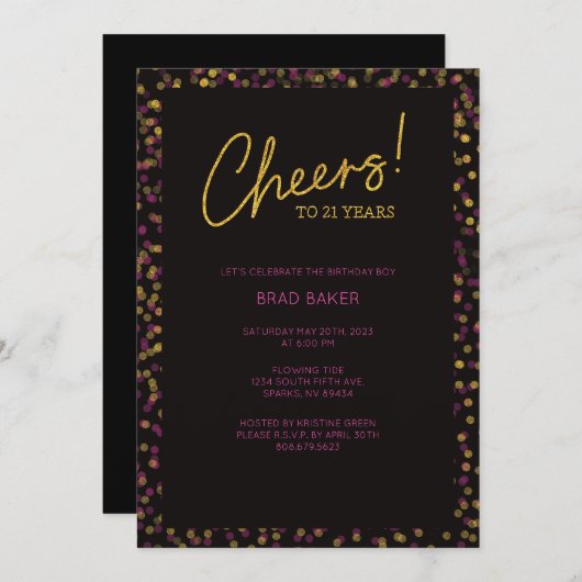 Roze & Gold Confetti 21e verjaardag uitnodiging (Voorkant / Achterkant)