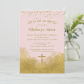 Roze Gold Confetti Baptisme Invitation Girl Kaart (Staand voorkant)