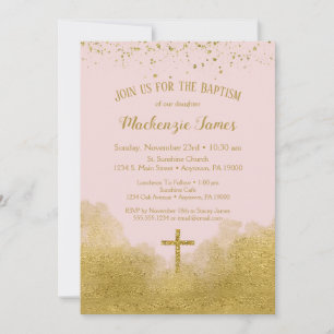 Roze Gold Confetti Baptisme Invitation Girl Kaart