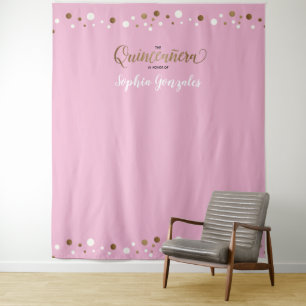 Roze Gold Confetti naam Quinceanera achtergrond Wandkleed