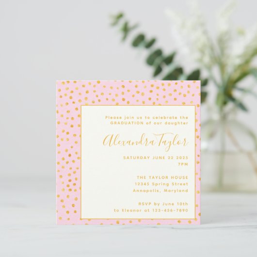 Roze Gold Confetti Polka Dots Graduparty Kaart (Staand voorkant)