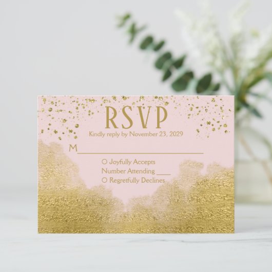 Roze Gold Confetti RSVP Weddenschap Reactie (Staand voorkant)