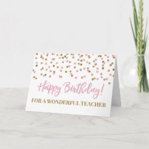 Roze Gold Confetti Teacher Birthday Kaart