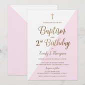 Roze Gold Cross Baptisme 2e verjaardag Uitnodiging (Voorkant / Achterkant)