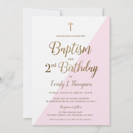 Roze Gold Cross Baptisme 2e verjaardag Uitnodiging (Voorkant)