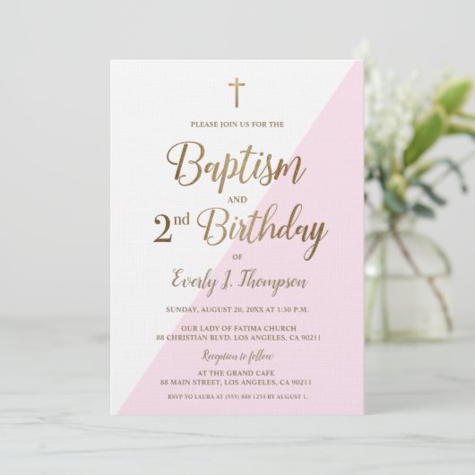 Roze Gold Cross Baptisme 2e verjaardag Uitnodiging (Staand voorkant)