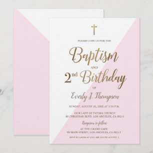 Roze Gold Cross Baptisme 2e verjaardag Uitnodiging