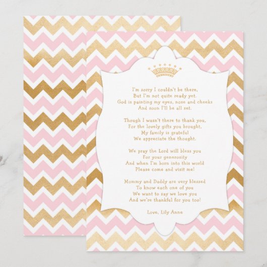 Roze Gold Crown baby shower - Dank u voor uw brief Bedankkaart (Voorkant / Achterkant)