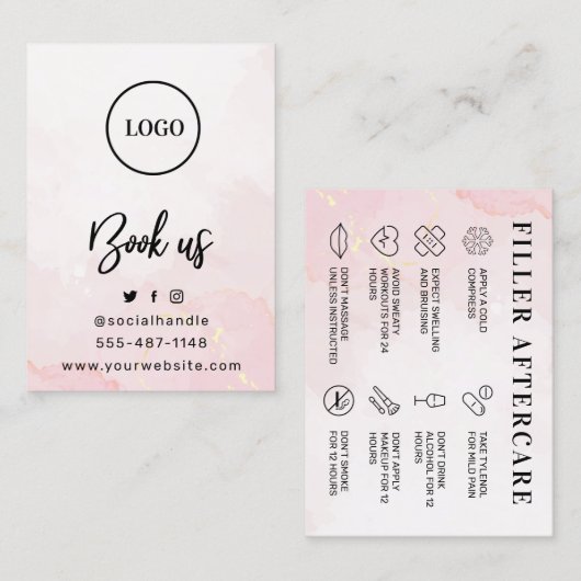 Roze Gold Custom Logo Filler Aftercare Card Visitekaartje (Voorkant / Achterkant)